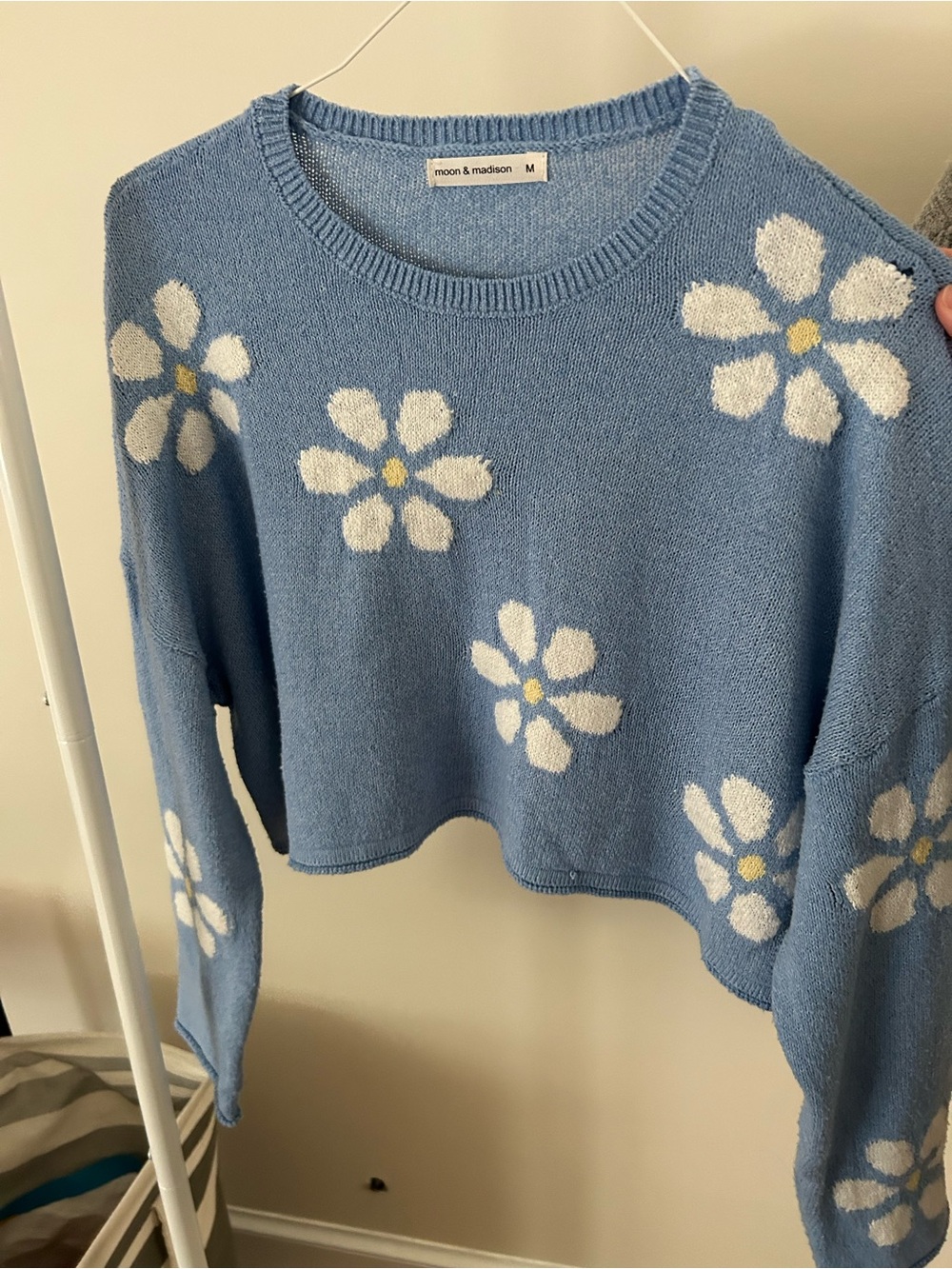 Light Blue Daisy Cropped Crewneck Sweater